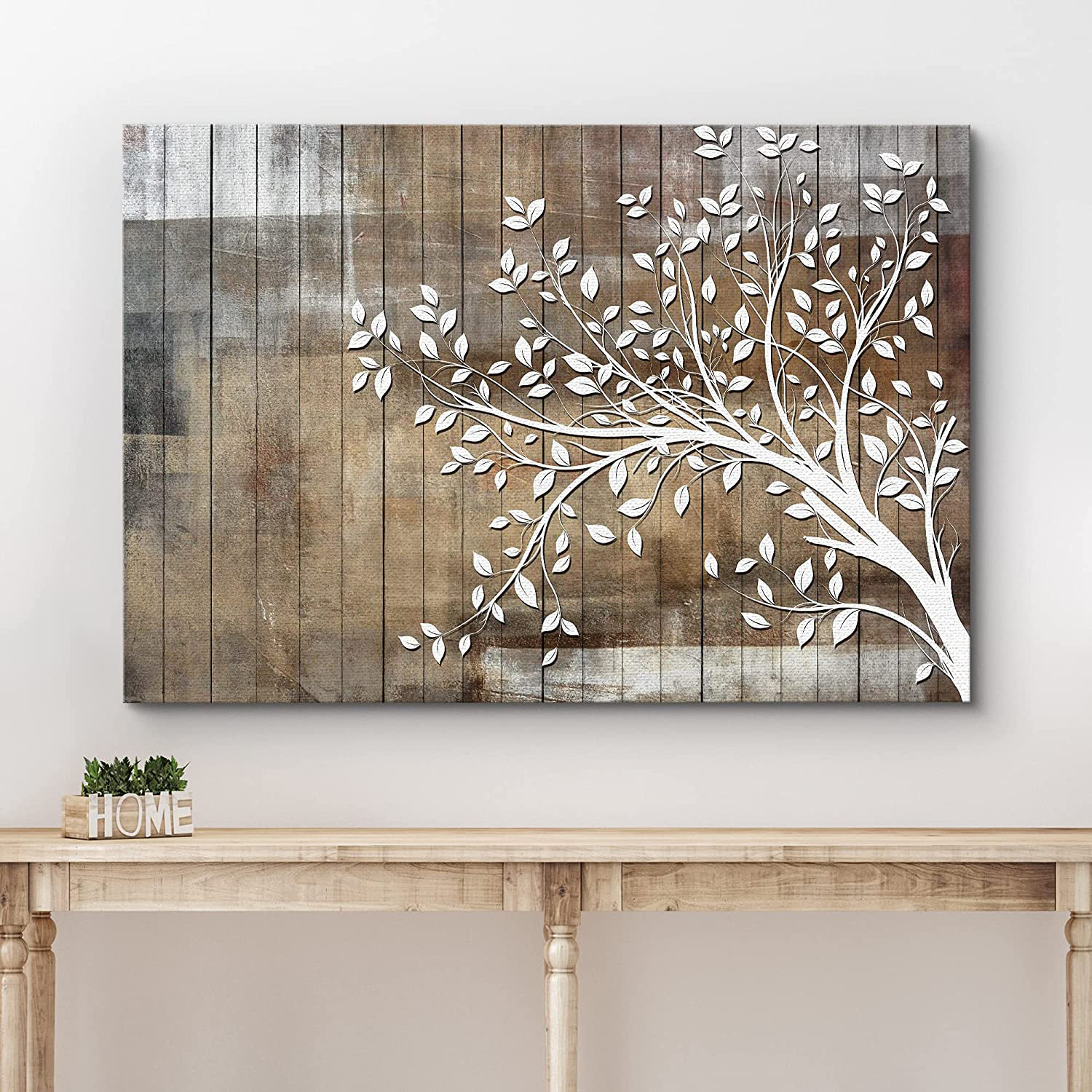 IDEA4WALL White Tree Branch With Leaves On Wood Effect Background Large