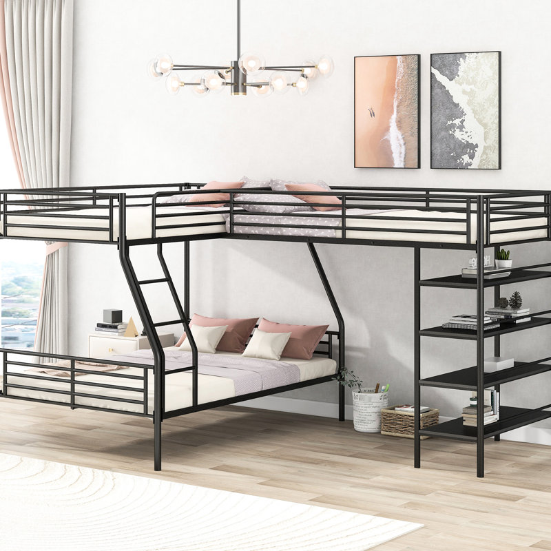 Lit mezzanine en métal noir avec rangement pour tablette - Lit de style simple en L sur lit superposé double et lit superposé, 4 tablettes, velours