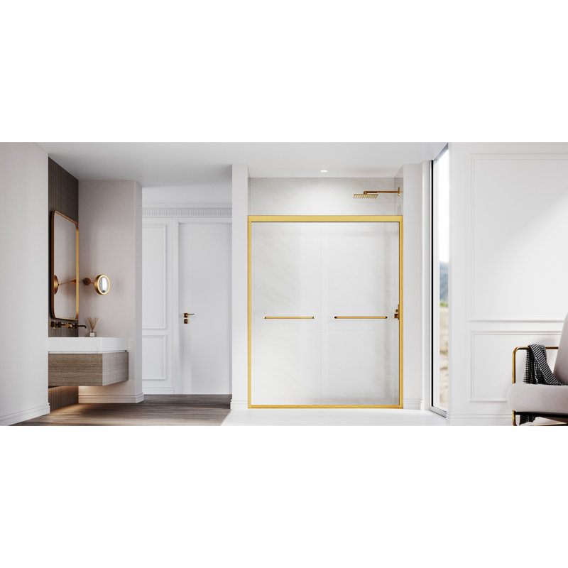 56 - 60 In. W X 72 H Sliding Shower Door, Adjustable Semi-, Clear Tempered Glass, 304 Stainless Steel Brushed Gold Handles Semi- Adjustable, Thick Handle
