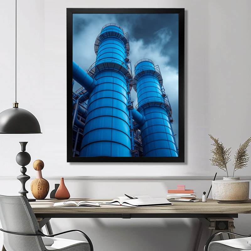 Silo bleu et gris avec centrale électrique Oasis Power Plant, H 30 po x l 40 po, Cadre flottant blanc