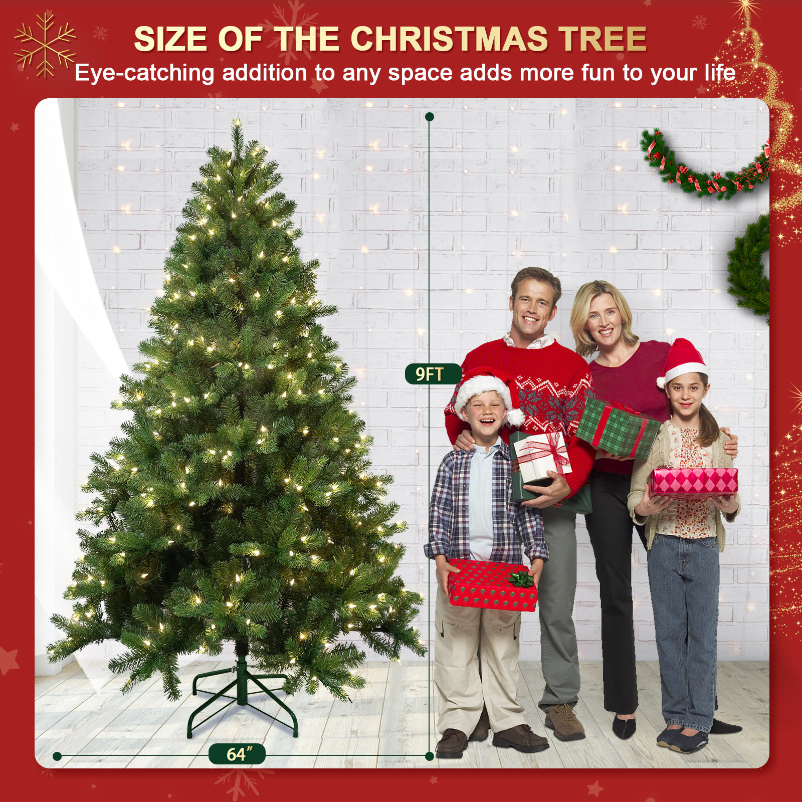 Prelit Artificial Christmas Tree, Hinged Spruce Tree Prelighted Xmas Tree For Home Party Decoration With Warm White Lights And Pe&pvc Mixed Branch Tips 