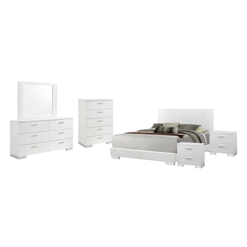 Vyara Bedroom Set in Glossy White, King, 6 Pieces: Bed,2 NightStands,Dresser,Mirror, Chest