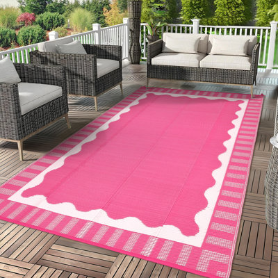 Tapis d'extérieur réversible à bordure festonnée rose / blanc 8 x 10 pi, tapis de camping imperméable en plastique pour patio en paille, tapis de camping-car pour l'extérieur