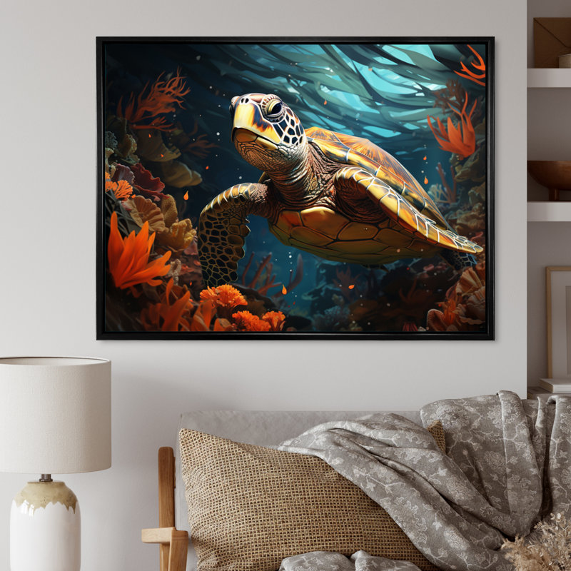 «Turtle Aquatic Wanderer», impression géométrique sur toile, Cadre flottant noir, H 12 po x l 20 po x P 1 po