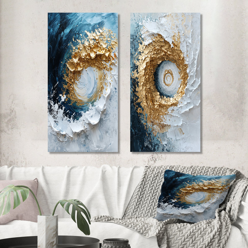 Encre bleue tornade I - ensemble de 2 pièces d'art abstrait en spirales, Toile tendue, H 28 po x l 24 po