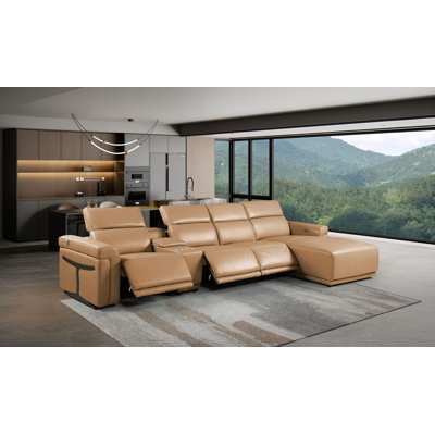 Canapé modulaire cognac en cuir italien de qualité supérieure 5 pièces Cognac avec 3 fauteuils inclinables électriques et appuis-tête réglables