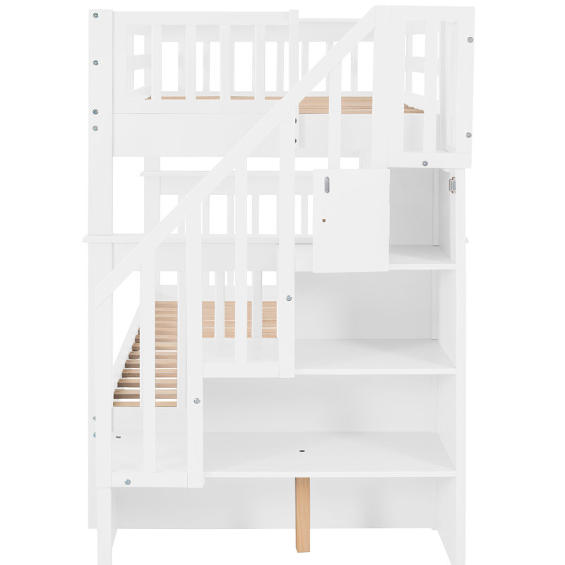 Lit superposé Twintwin avec armoires de rangement polyvalentes et garde-corps, grand escalier blanc pour la chambre à coucher