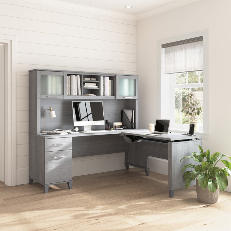 Paelynn 72” L-Shaped Sit to Stand Desk with Hutch, Adjustable Height, Storage, Modern Wood, Platinum Grey, Platinum Grey