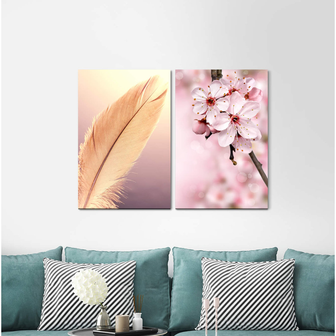 2-tlg. Leinwandbilder-Set - Grafikdruck „Feather Cherry Blossoms Cherry Branch Spring Lightblossom”