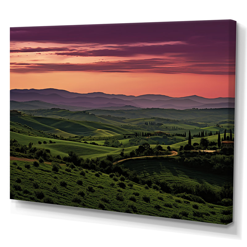 Toscane, crépuscule sur toile, H 34 po x l 44 po x P 1,5 po, Toile tendue