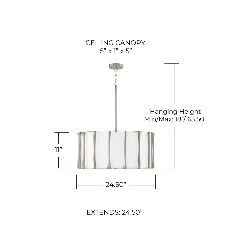 Luminaire suspendu 4 lumières l 24,5 "x H 11" en laiton mat avec abat-jour en tissu blanc avec diffuseur en acrylique givré