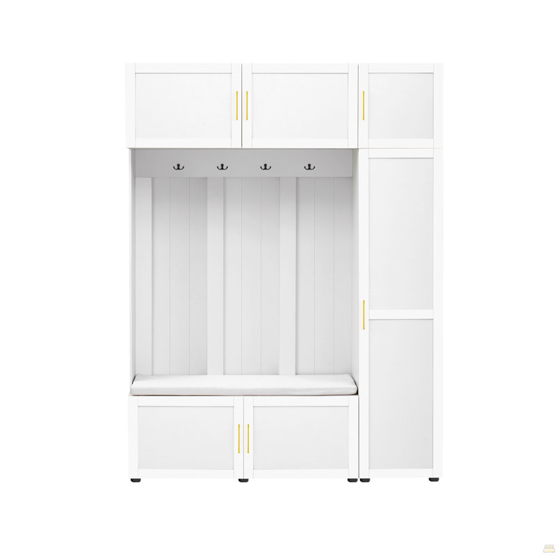 4-in-1 Hall Tree with Padded Bench, 4 Hooks, and Multi-Tier Storage Shelves, White