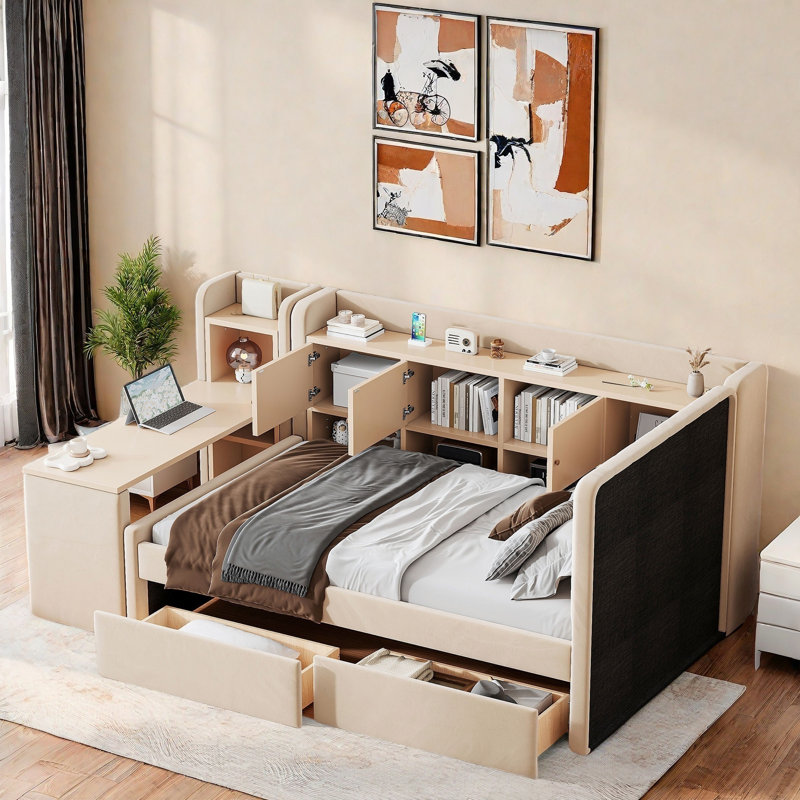 Upholstered Daybed With 2 Drawers, Storage Shelves, Flip Cabinets & Side Table, Vertical Striped Design, Beige