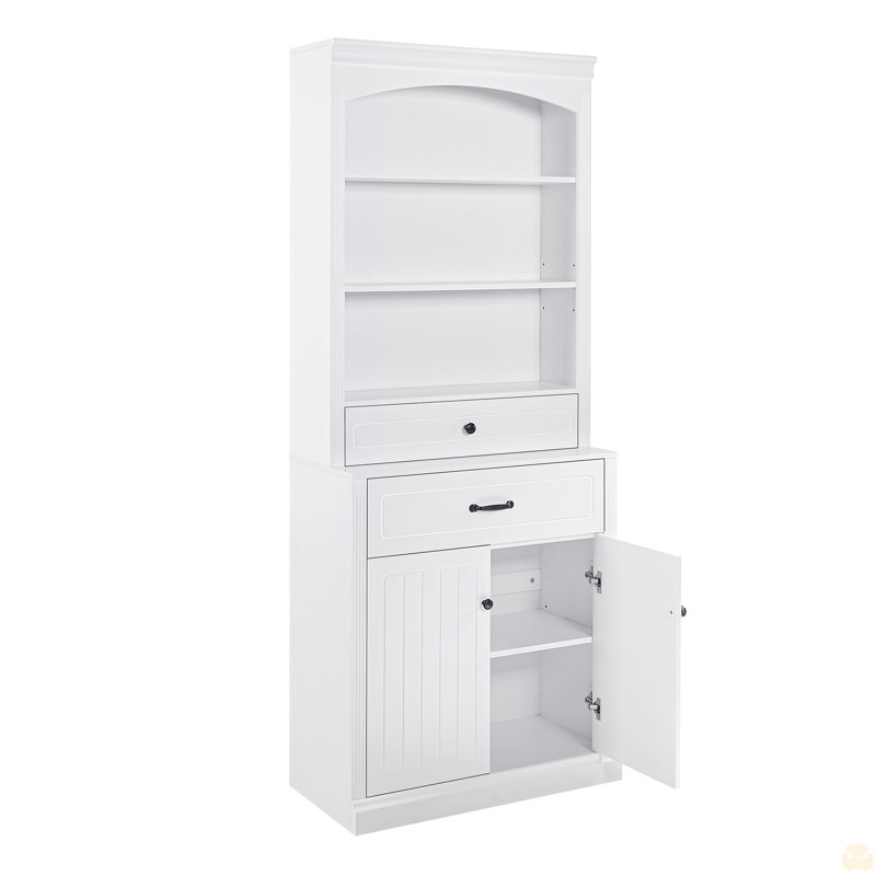 Armoire de rangement pour salle de bain avec deux portes, tiroirs, tablette réglable et trois tablettes ouvertes