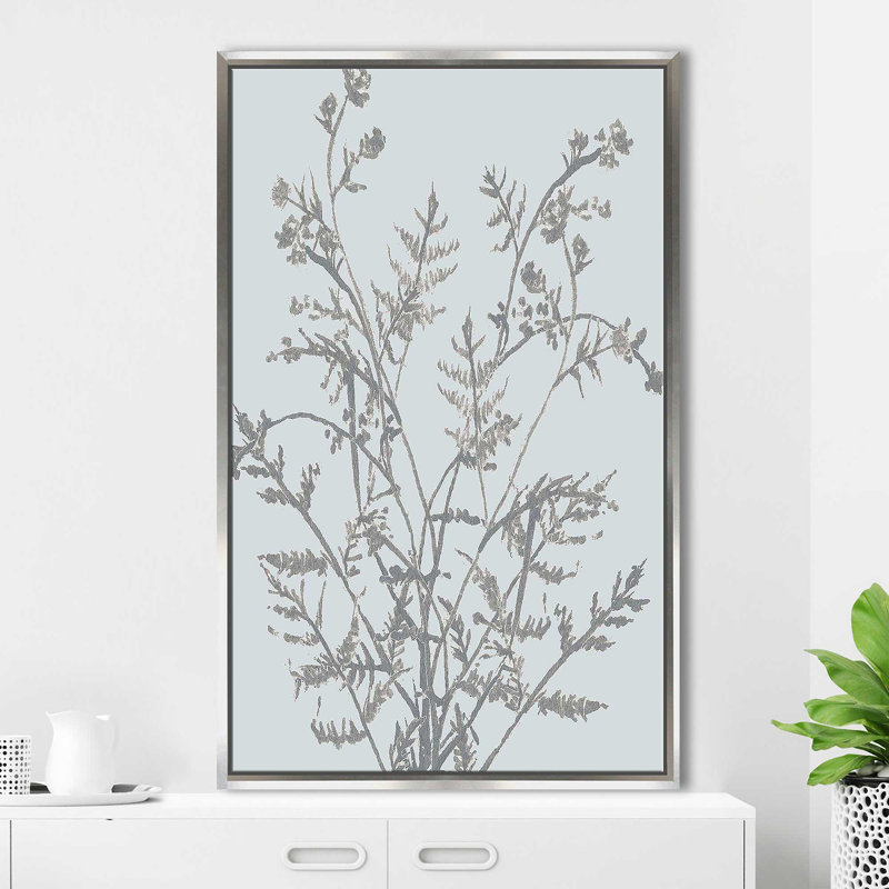 «Amical Fern on Blue I» par Elizabeth Medley - impression, Cadre flottant argent, H 43,5 po x l 27,5 po x P 2 po