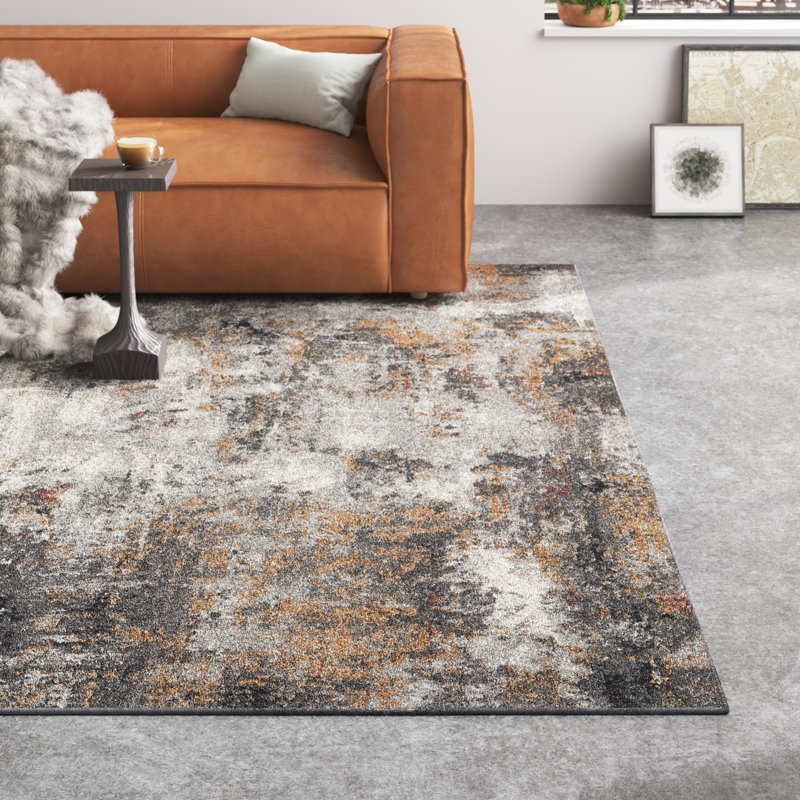 Abstract Machine Made Power Loom Polyester/Polypropylene Area Rug in Gray/Ivory/Golden Beige, Rectangle 5'3" x 7'3"