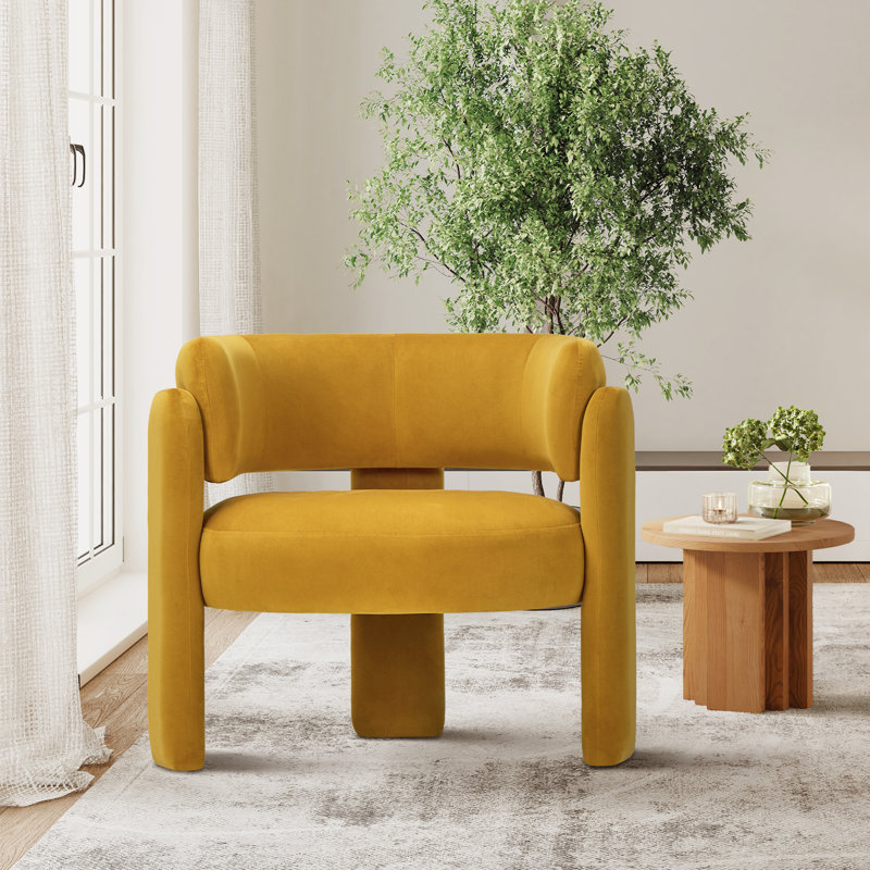 33" Wide Upholstered Modern 3-Legs Barrel Accent Chair, Yellow Fabric