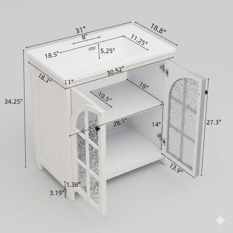 Meuble-lavabo de 30 pouces avec lavabo en céramique, patine artificielle vieillie, armoire de salle de bain rustique rétro avec poignées en bronze et deux portes à fermeture en douceur, finition blanc antique