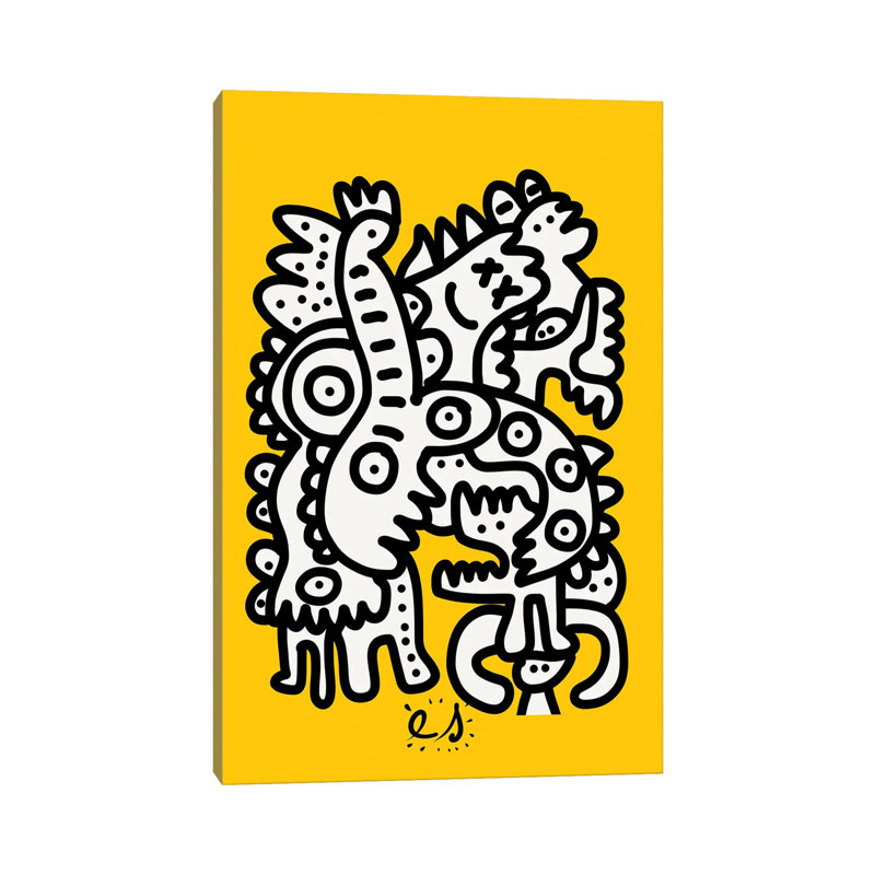 Black And White Graffiti Creatures On Yellow by Emmanuel Signorino - No Frame Print on Plastic / Acrylic
