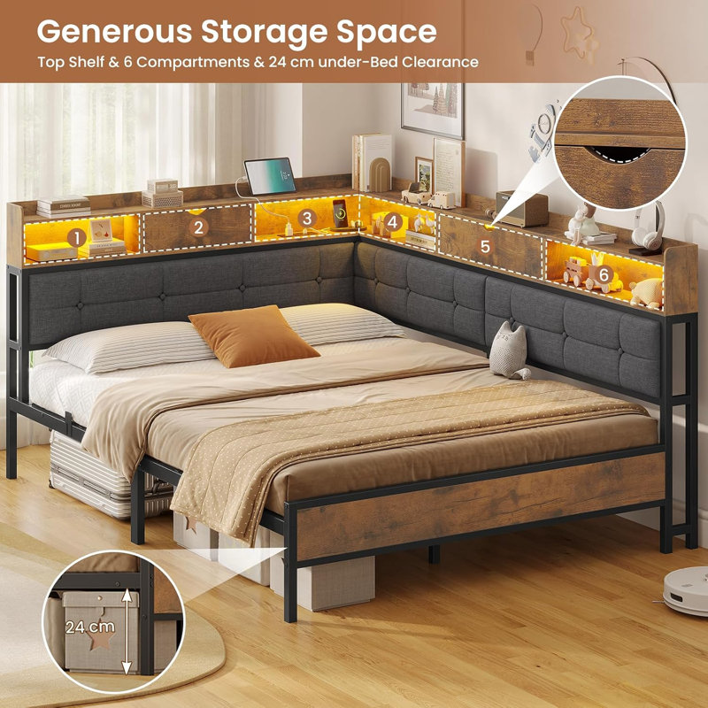 Storage Day Bed Linen Corner Bed with LED Light & Charging Station No Mattress, Double-135x190cm, Grey