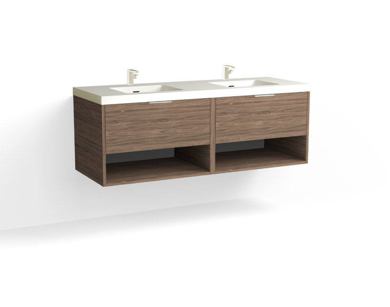 Modo 60" W Wall Mounted Double Bathroom Vanity, Glossy White/8" Widespread, Biondo, Satin Nickel