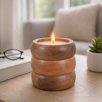 Decorative Vanilla Scented Wooden Candle For Living Room Decor - Modern Wood Accent Candle For Coffee Table, Bookshelf, Bedroom - 5", Brown