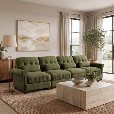 4-Seater Vintage-Inspired Ruffled Chenille Modular Sofa, Button-Tufted Back, Rolled Arms & Lumbar Pillows, Green