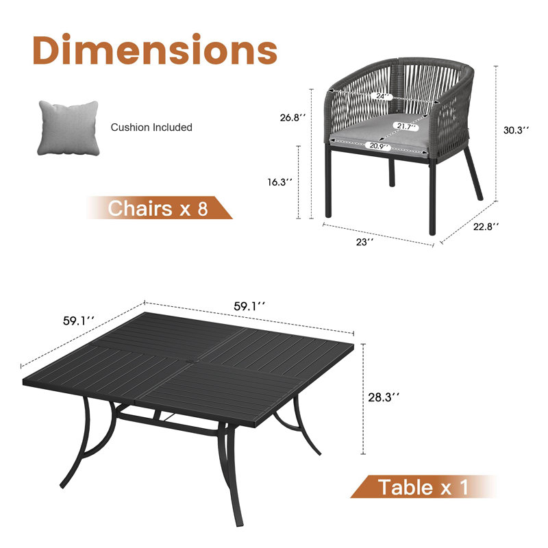  Ensemble de salle à manger de patio pour 8 personnes avec table de salle à manger 59 "et chaises en rotin avec coussins et coussins