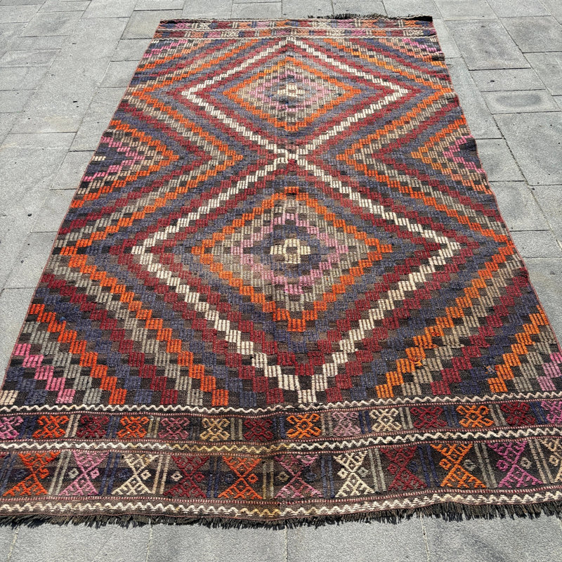 Tapis turc rétro vintage Oushak avec motif arc-en-ciel brodé, idéal pour les grands espaces de vie