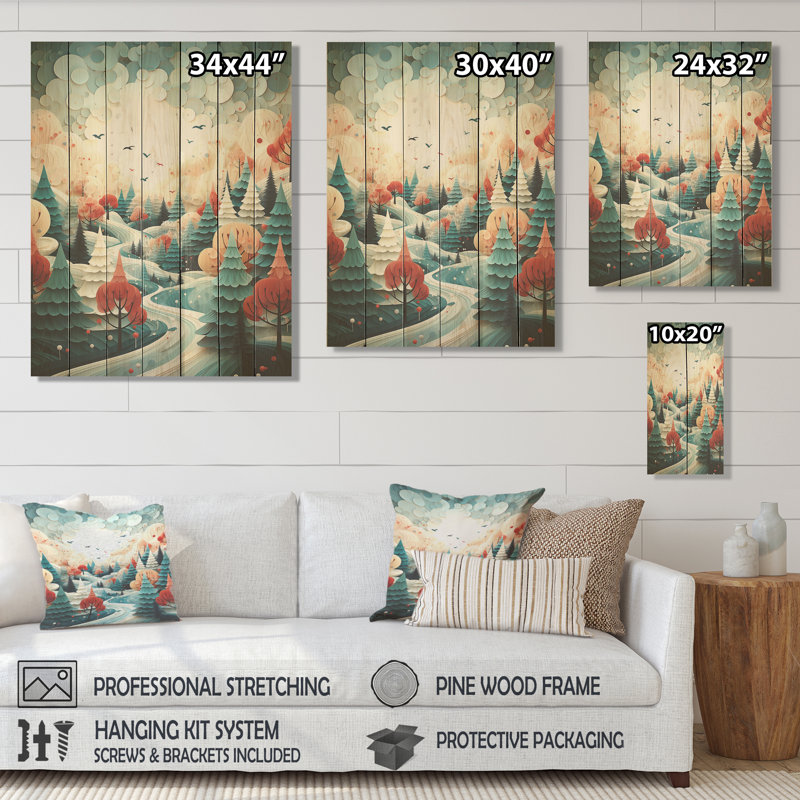 Pin de Noël orange et vert festif II - Forêt sur bois, H 40 po x l 30 po