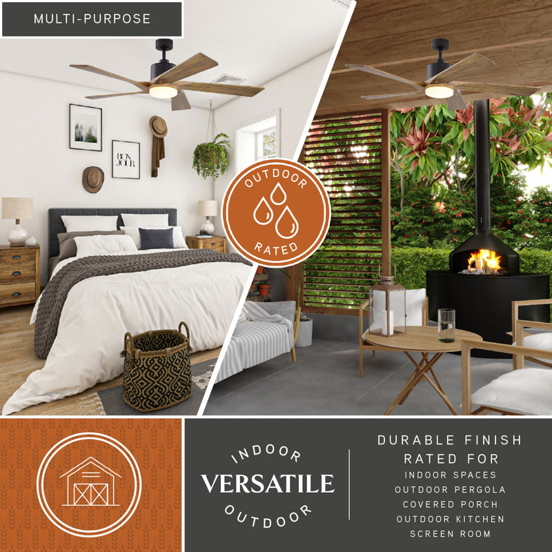 Darvis 60 in. Black Indoor Outdoor Rod Mount Contemporary Ceiling Fan with Dark Elm Blades, Dimmable Integrated LED Light Kit and Remote Control Included, 6 Speeds, Energy Efficient DC Motor