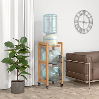 3-Tier 5 Gallon Water Jug Holder With Top Shelf – 4 Metal Wheels Or Adjustable Feet – Natural Hardwood Water Dispenser Floor Stand, Wooden Organizer, Natural