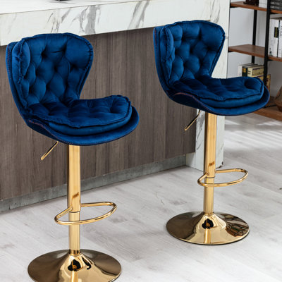 2 tabourets de bar, tissu rembourré de mousse, velours bleu marine + pieds dorés, hauteur réglable avec repose-pieds et tabourets de base de 2, réglables, base, tabouret