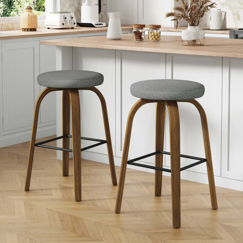 Ensemble de 2 tabourets de bar pivotants Mid-Century, Siège gris / structure en noyer