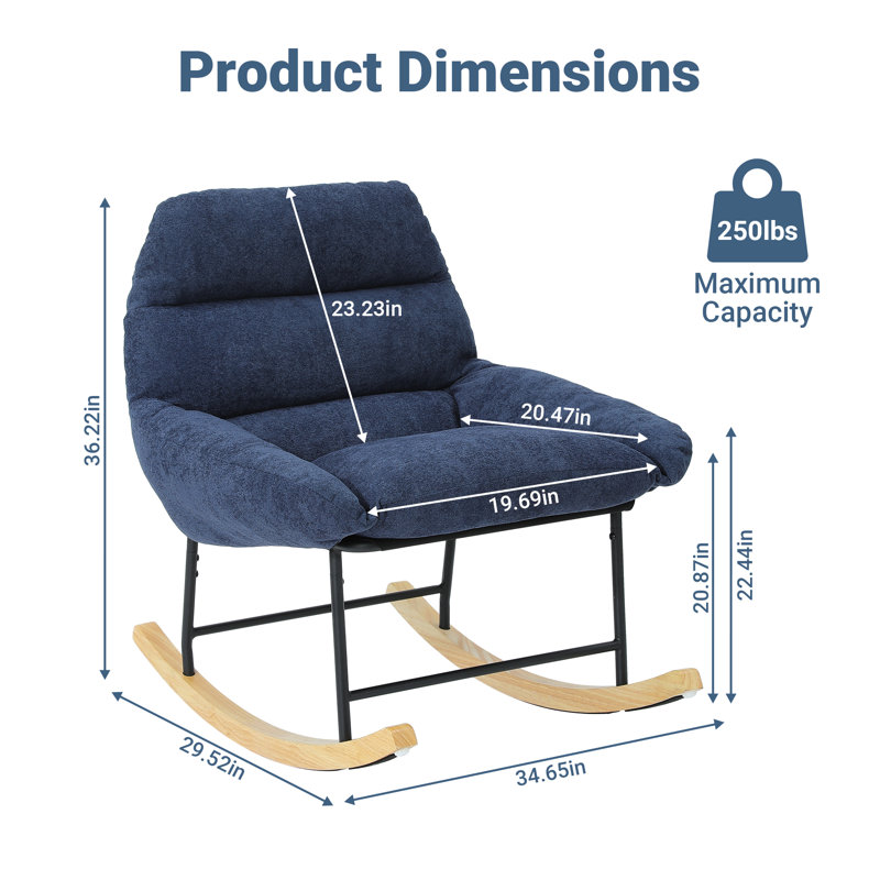 Chaise berçante à dossier haut en bois massif, Bleu / gris laine d'agneau