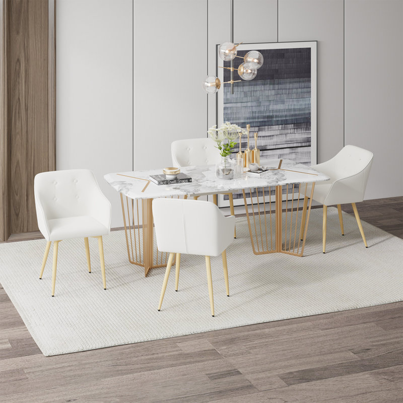 Mid-Century Modern Dining Chair With Wood Finished Metal Legs, 2-Pcs Set, White