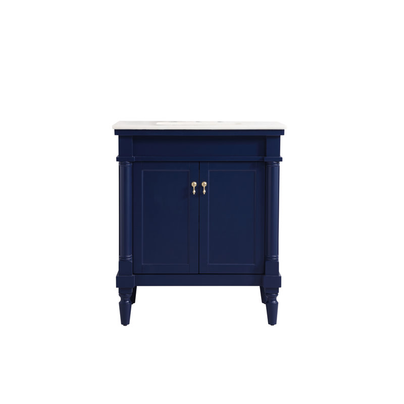 Meuble-lavabo simple 30 po avec plateau en marbre Caitlin, Bleu / ivoire / blanc