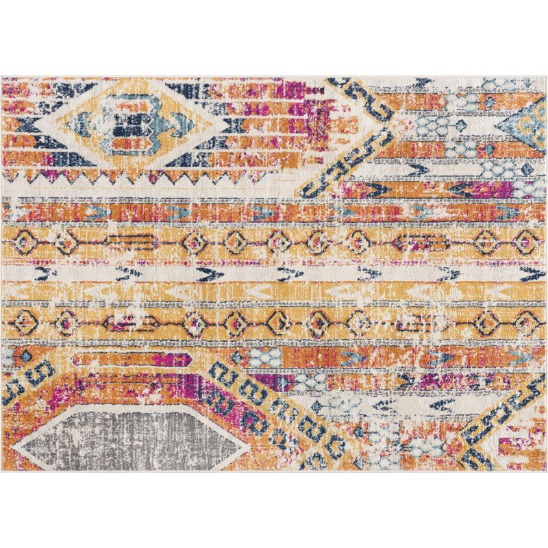 Tapis jaune à motif abstrait Kymiere, Tapis de couloir 2 pi 3 po x 12 pi