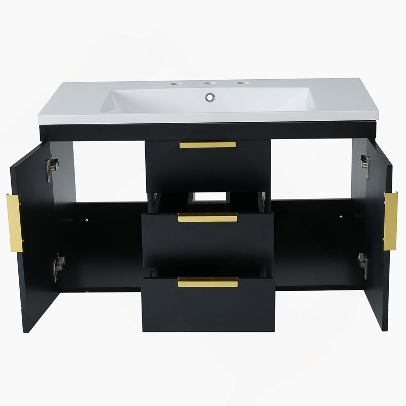 Meuble-lavabo mural 36 po avec lavabo en résine, armoire de rangement flottante et 2 tiroirs pour salle de bain moderne, Noir