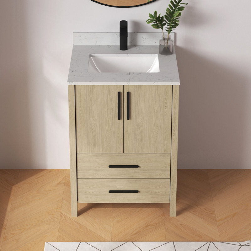 Ensemble de meuble-lavabo simple autoportant 24 po Aura avec plateau et dosseret en marbre d'ingénierie Aura, 24"