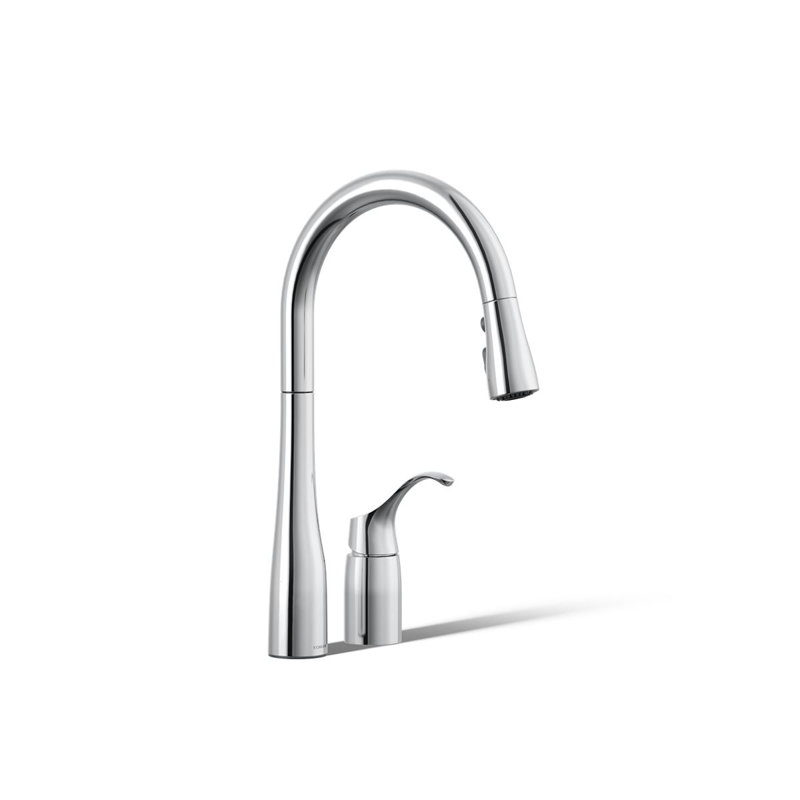 Robinet d'évier de cuisine rétractable avec douchette à trois fonctions Simplice, installation à deux trous, Chrome poli