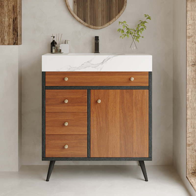 30" Freestanding Bathroom Vanity With Ceramic Sink, 3-Drawer & 1 Storage Cabinet With Gold Handles, White Faux Marble Texture