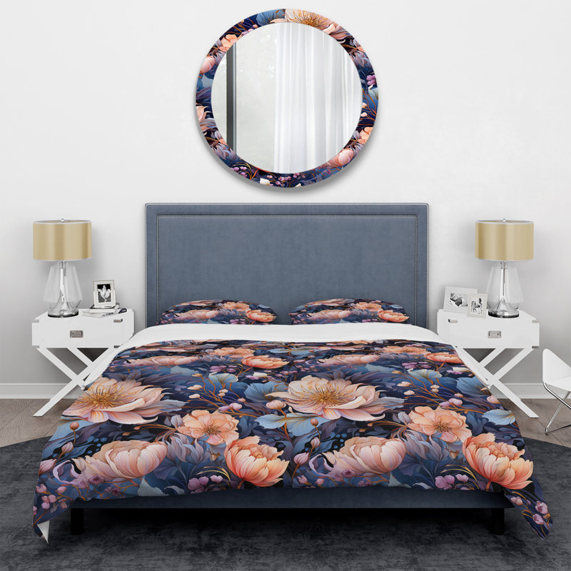 Literie mystique à motif floral botanique rose et bleu, Housse de couette simple + 1 taie décorative stan