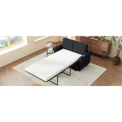 57.9" Orisfur Pull Out Sofa Bed  Loveseat Sleeper with Twin Size Memory Mattress with Two USB Ports for Living Room Spaces, Black
