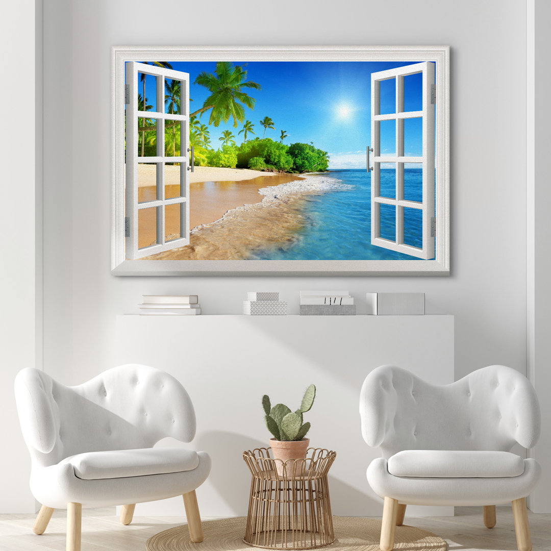 Window Scenery Sunny Blue Sky Tropical Beach Coastal Palm Trees On Canvas Photograph Print Wall Art IDEA4WALL 