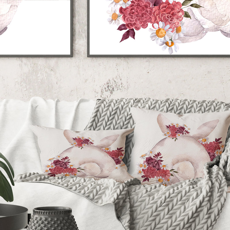 Mignon lapin et fleurs et feuilles d'automne I - Coussin décoratif traditionnel imprimé 1