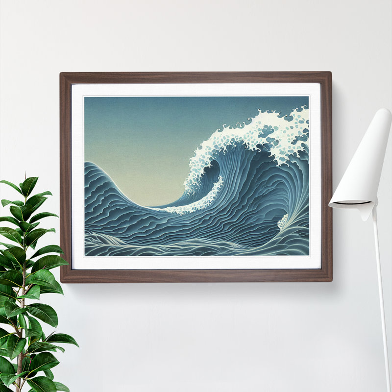 Idyllic Japanese Wave - Single Picture Frame Painting, 46cm H x 64cm W x 2cm D, Walnut