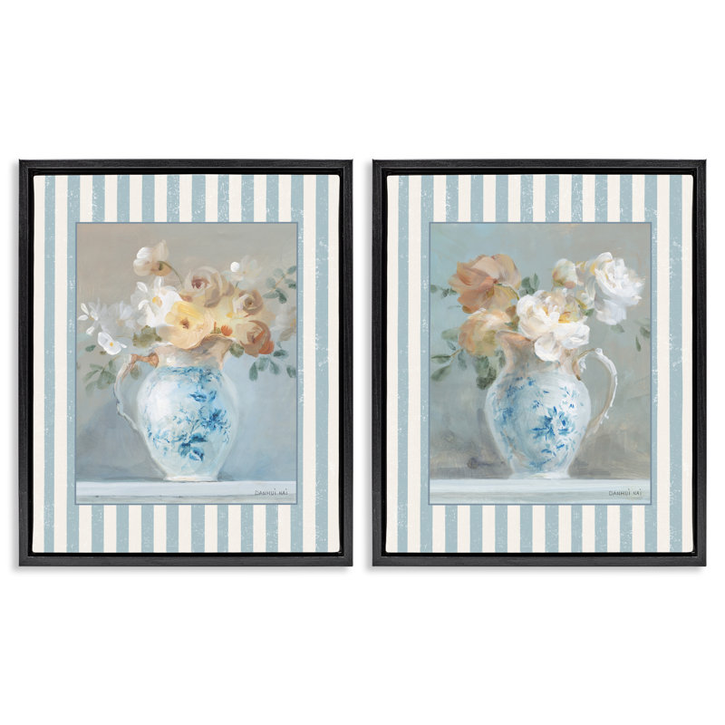 Ensemble de 2 cadres flottants Heirloom Bouquet on Stripes, design par Danhui Nai, Cadre flottant noir de jais