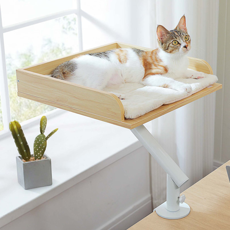 Lit de bureau en bois pour chat, supportant jusqu'à 50 lb, rotation à 360 ° et hamac réglable