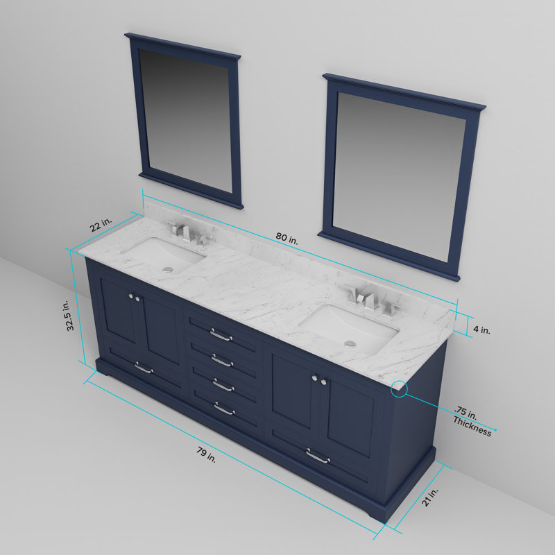 Ensemble de meuble-lavabo double 80 po Dukes, Marine, Marbre de Carrare blanc